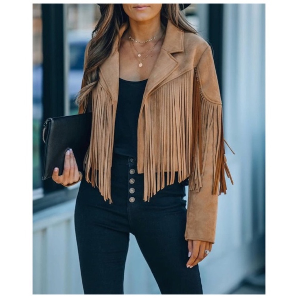 SOLD OUT Camel Faux Leather Suede Fringe Cropped Western Boho Moto Jacket - Picture 3 of 13